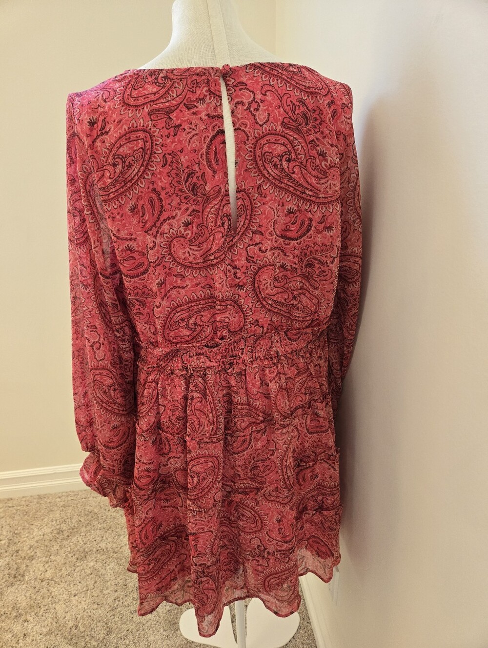 Torrid Pink Paisley Babydoll Mini Dress Size 1 Boho Sheer Sleeve Lined - Picture 7 of 14